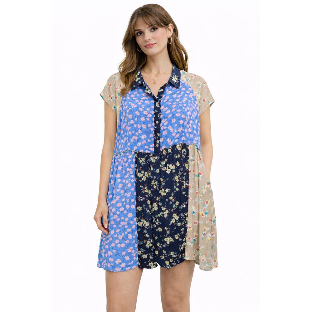 Easel Sz M Oversized Patchwork Floral Boho Button Up Babydoll Shirt Tunic Dress